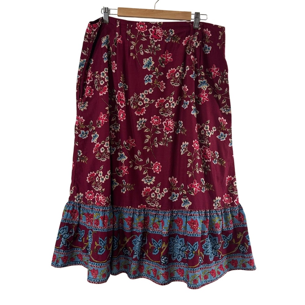Sundance Womens XL Burgundy Floral Cotton Button Front Midi Skirt with Pockets - Picture 3 of 9